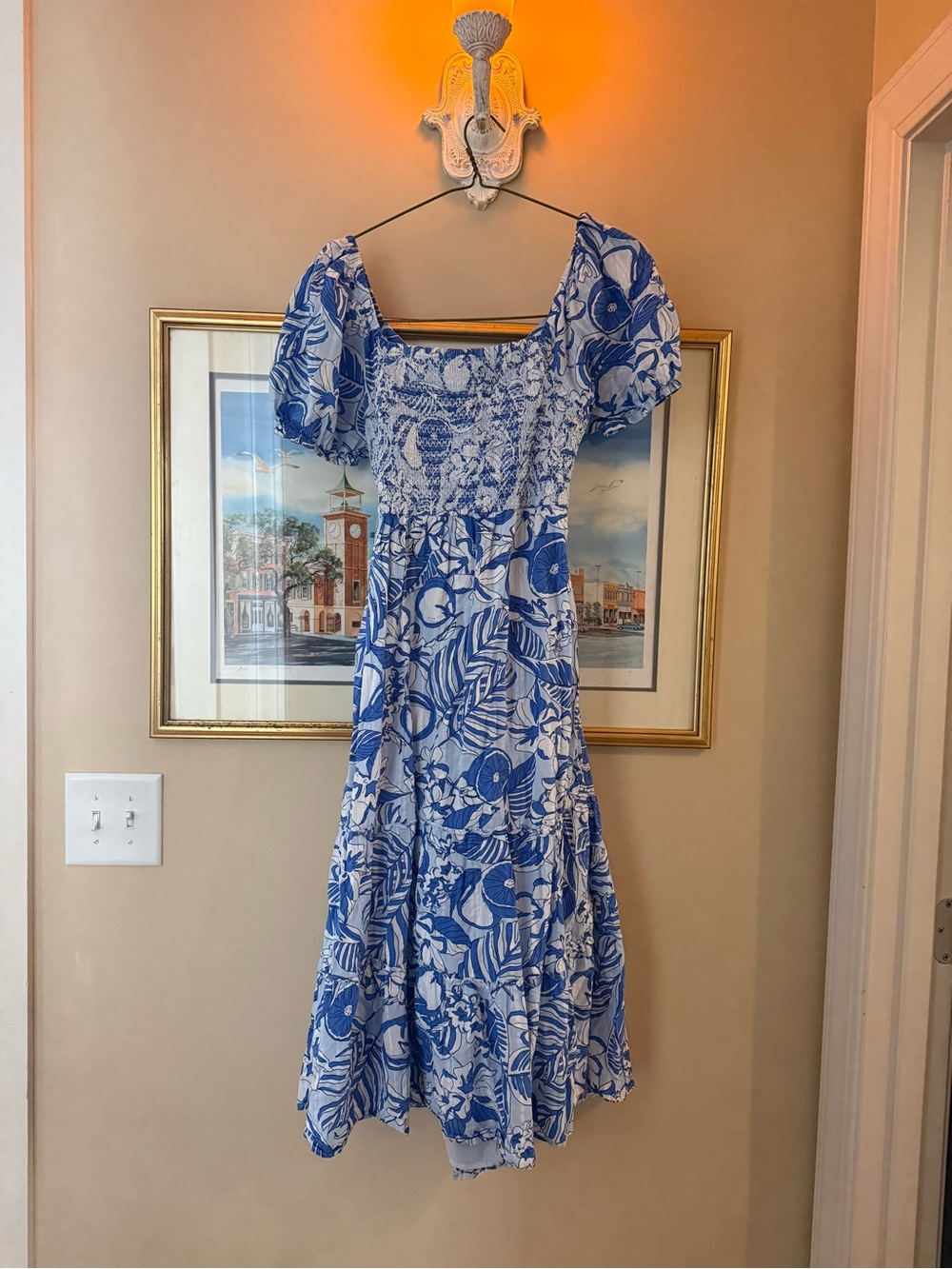 Blue and White Floral Puff-Sleeve Midi Dress